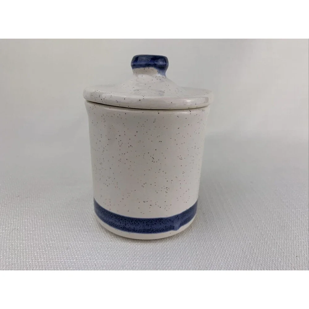 Vintage McCoy Honey Pot Stoneware Honey Pot in Gray with Blue‎ Band Trim 1950s